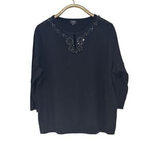 Talbots Black Beaded Keyhole Neckline Pure Merino Wool Sweater 3X